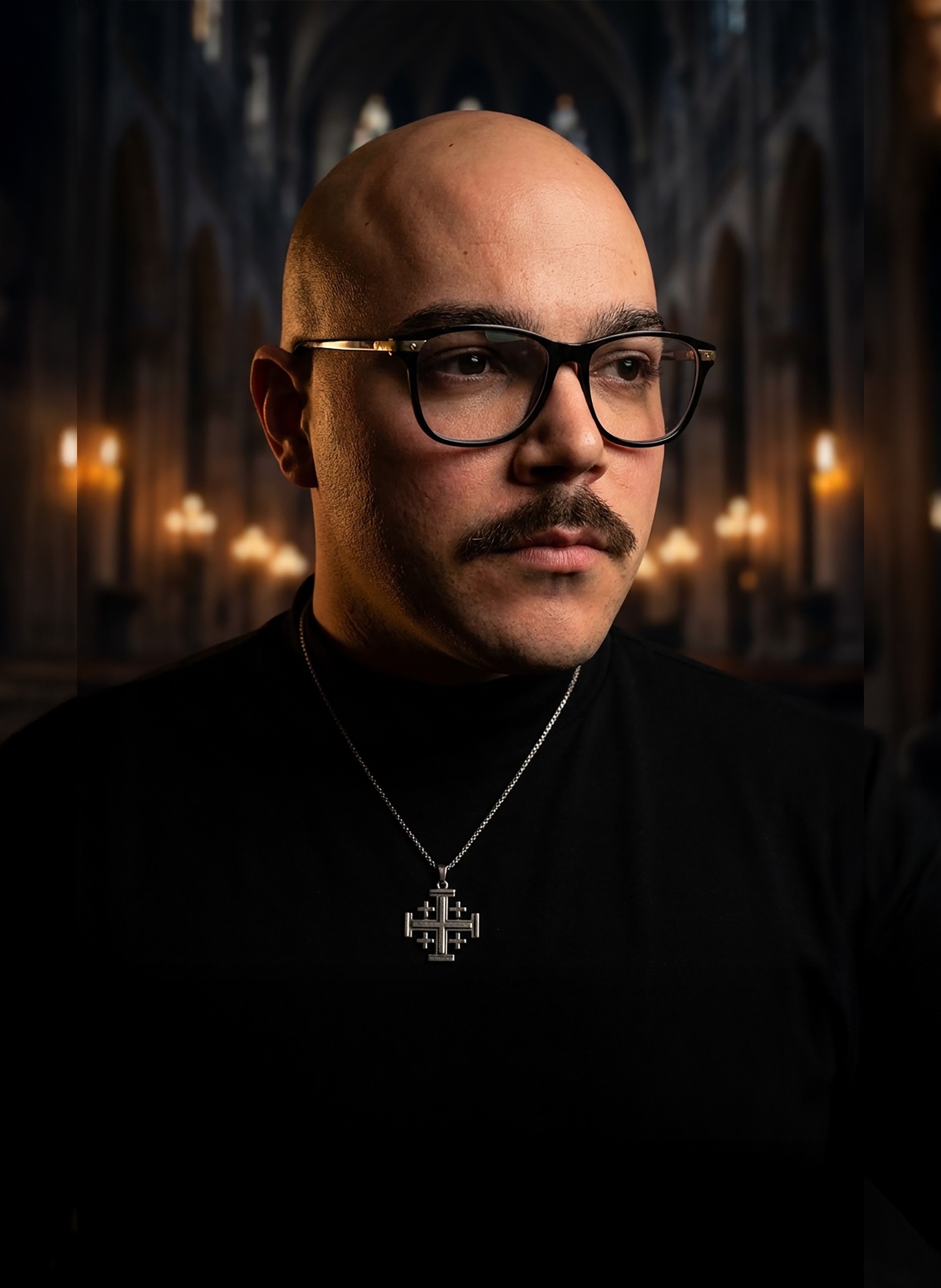 Portrait of the artist ☩FANE☩ in a candlelit cathedral